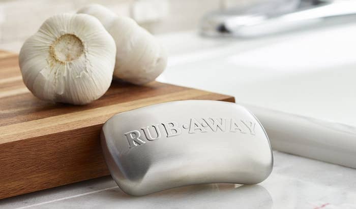 The soap-shaped bar, which says &quot;rub away&quot;