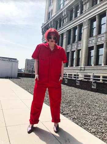 myself wearing a jumpsuit with heels