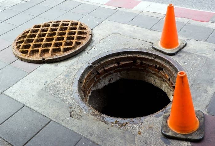 A manhole cover that looks like a waffle