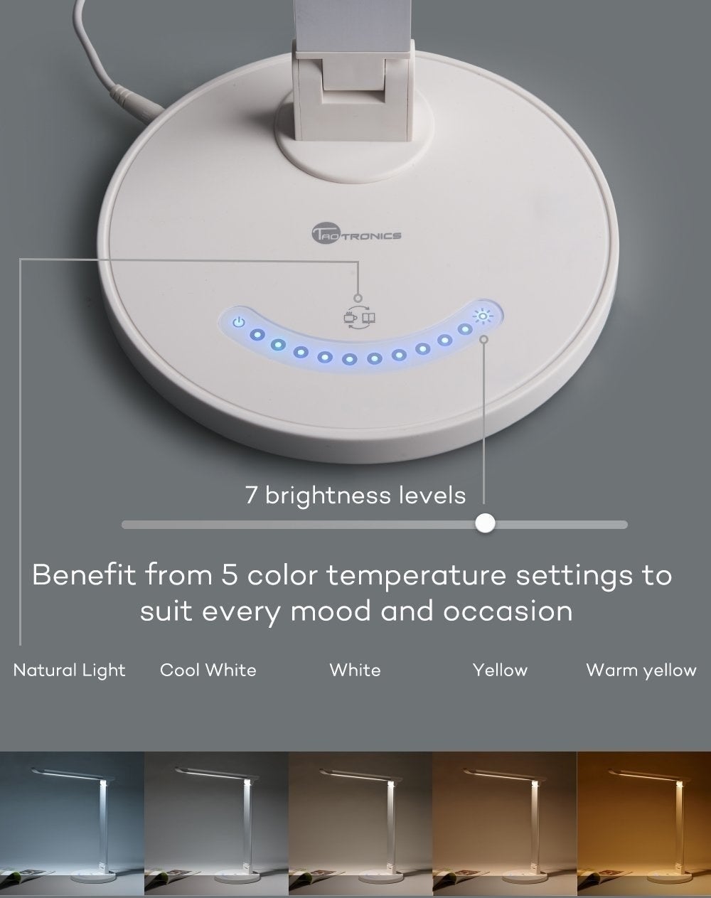 The bedside lamp in white showing five different color modes between natural light, cool, and yellow