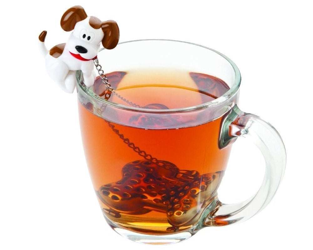 Promising review: "Love this little strainer. My tea leaves are pretty small so I do get a wee bit of leaves at the bottom. But not enough to be annoying. Would still buy again." —0hlauraGet it from Amazon for $5.76+ (available in dog, cat, and duck shapes).