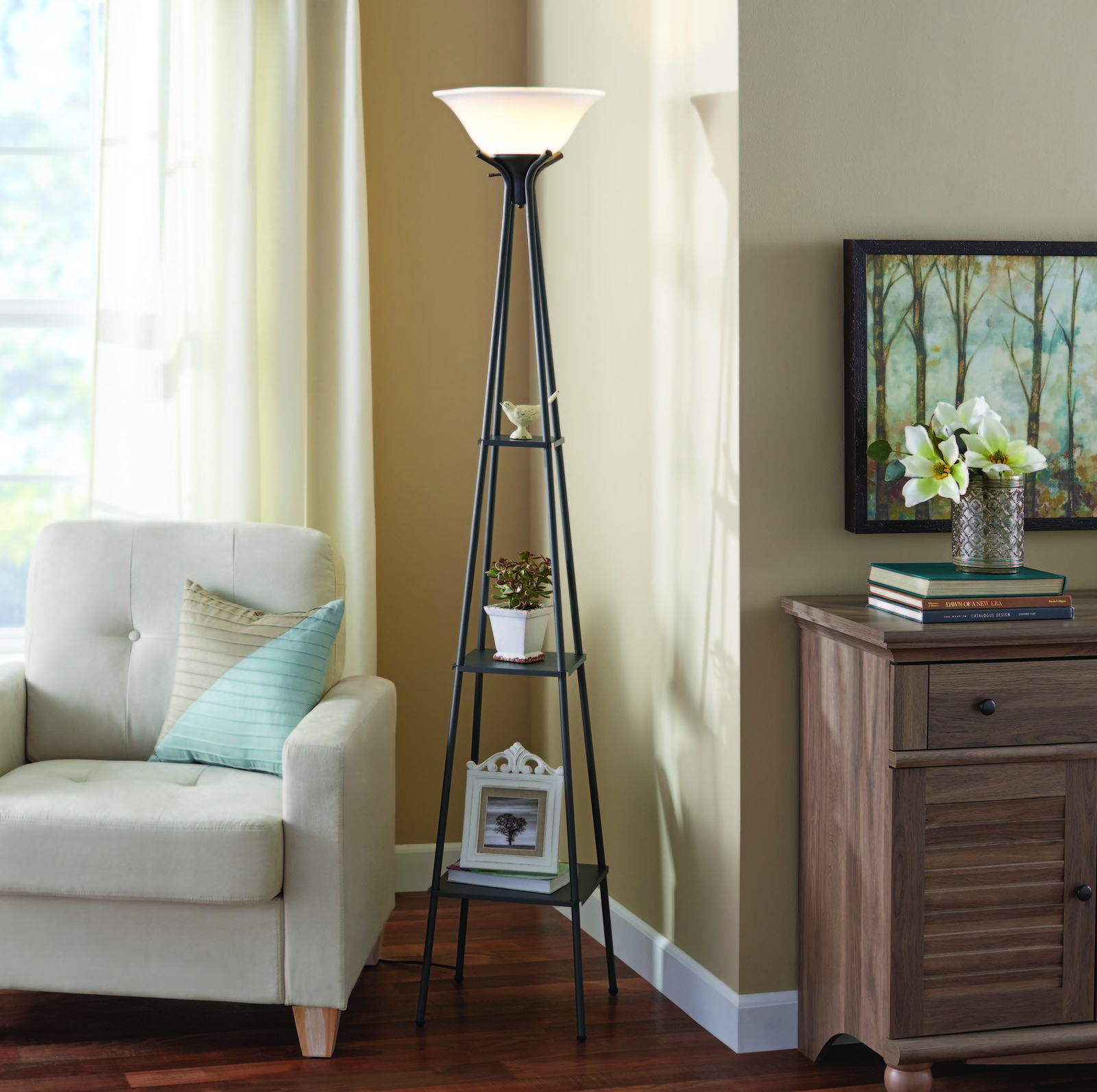 Promising review: "I LOVE this lamp! It's so cute in my living room with candles and a photo on the lil shelves. It was easy to out together too!" —Tianna LPrice: $19.94 ($4.98 off the original price)