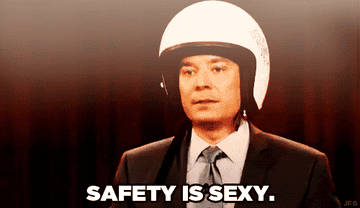 Jimmy Fallon wearing a helmet and saying &quot;safety is sexy&quot;