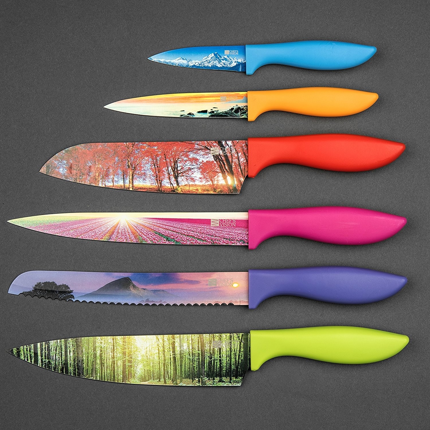 knifes with colorful handles and landscaped printed on the blades