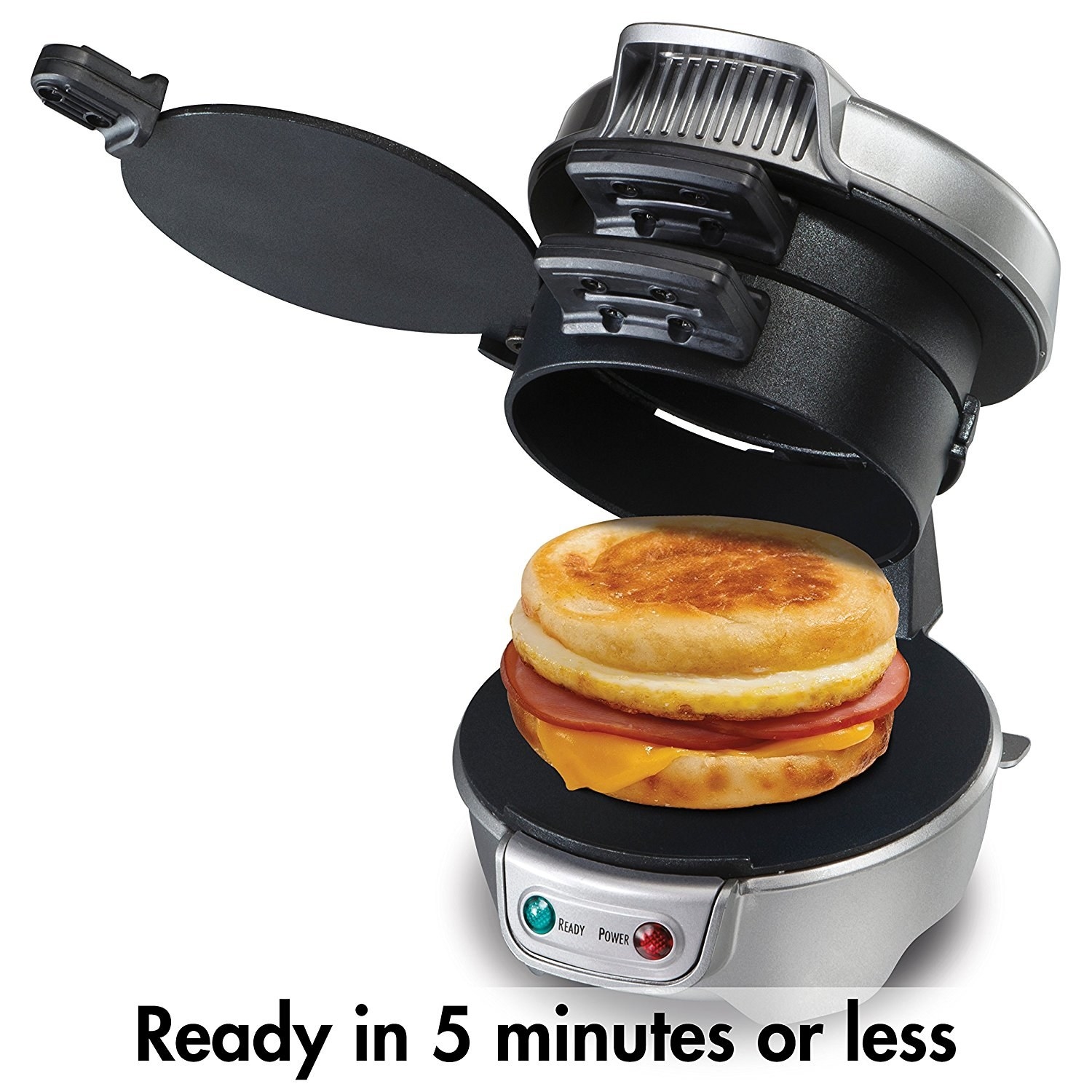 The sandwich maker with an english muffin sandwich and the text &quot;ready in five minutes or less&quot;