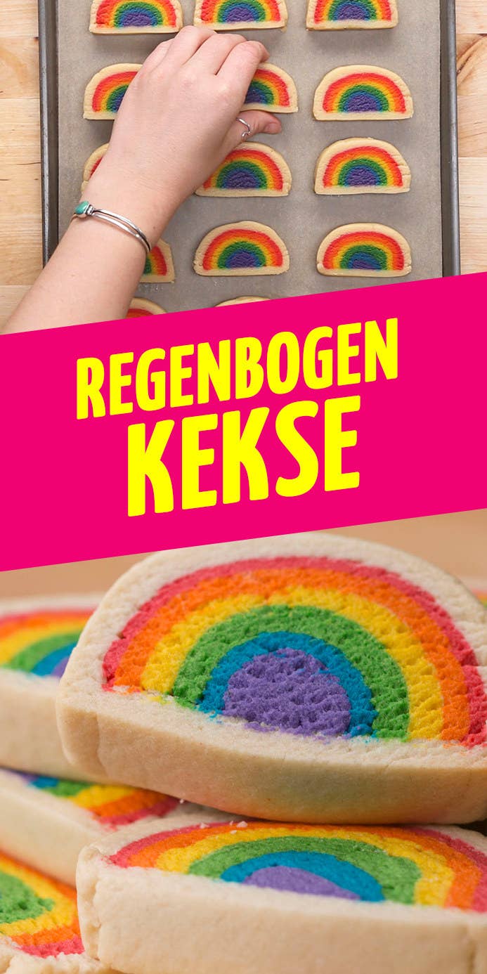 ZUTATENErgibt 24 Kekse230 g Butter, weich400 g Puderzucker1 TL Vanille1 Prise Salz3 Eier435 g Mehl1/4 TL rote Lebensmittelfarbe1/4 TL orange Lebensmittelfarbe1/4 TL gelbe Lebensmittelfarbe1/4 TL grüne Lebensmittelfarbe1/4 TL blaue Lebensmittelfarbe1/4 TL lila Lebensmittelfarbe