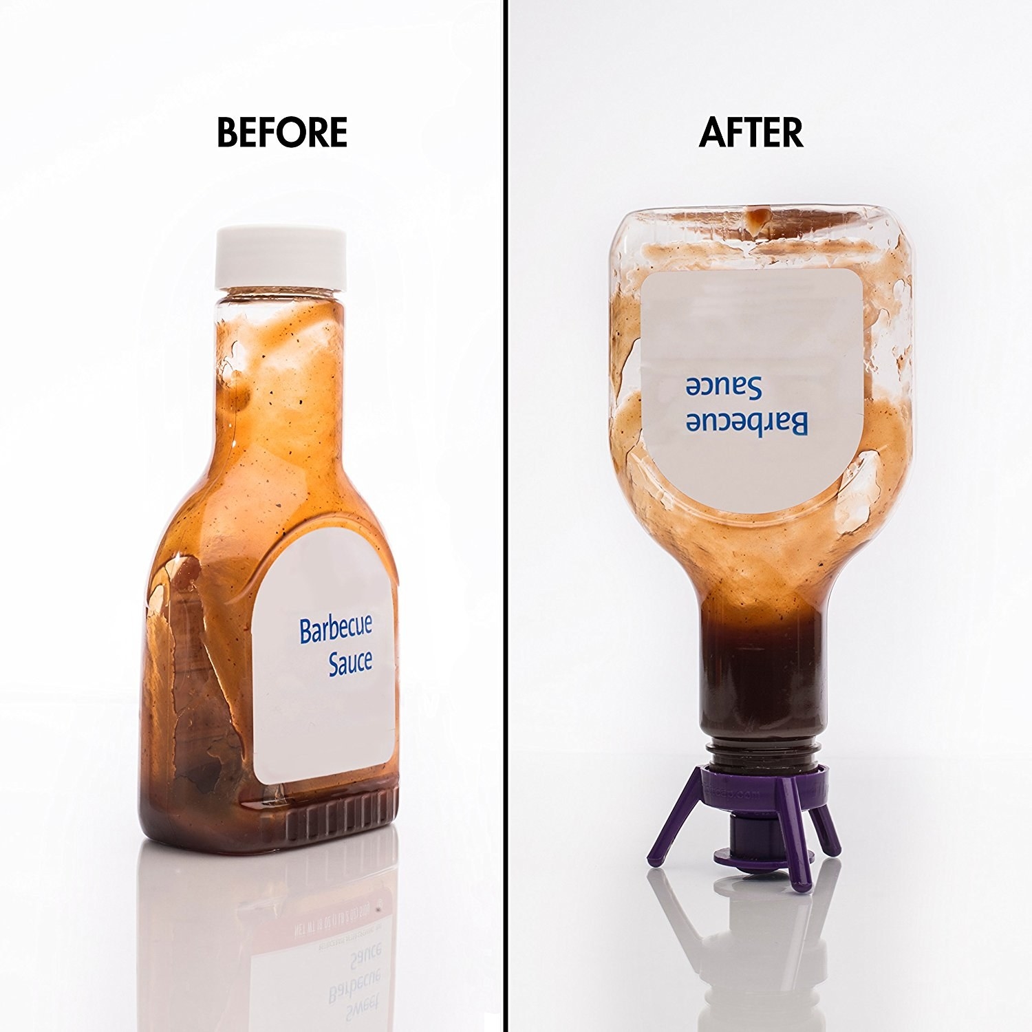 A bottle of barbecue sauce right side up, and then the same bottle upside-down, using the stand, which forces all the sauce to the top