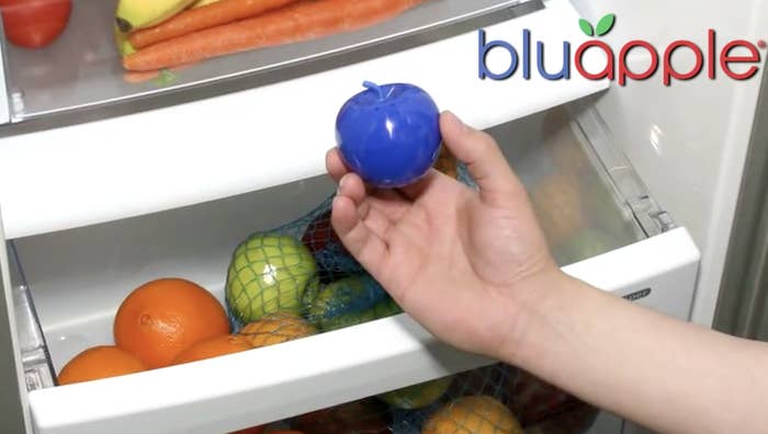 A hand holding the blue apple-shaped product above a fridge drawer full of produce