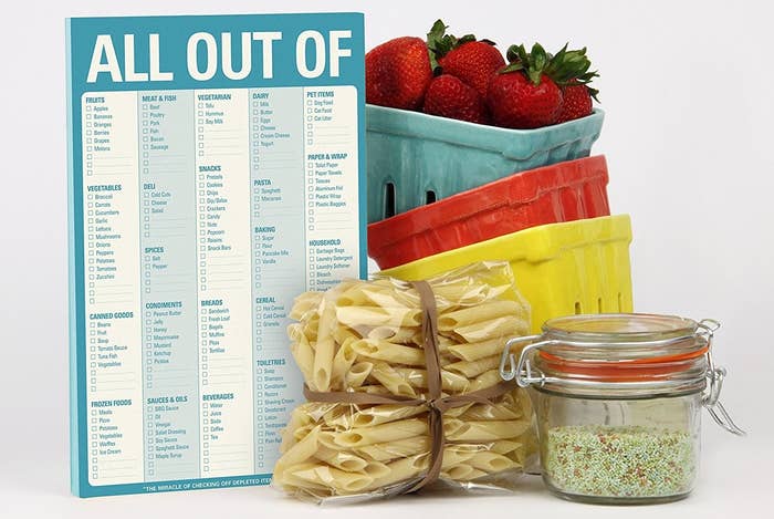 The pad, which says "all out of" and has check boxes of suggested grocery items, plus blank spaces you can write in