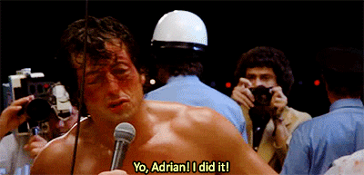 In the original ending of Rocky II, Adrian (Talia Shire) is actually IN the audience at the fight, rather than watching the fight from home with their newborn baby. In this version, the film ends similarly to the first film, with Adrian in Rocky's (Sylvester Stallone) arms. It was decided that it would be more powerful for Adrian to be watching from home with their child, giving Rocky his solo moment to shine, which lead to the now classic line, "Yo Adrian, I did it!"