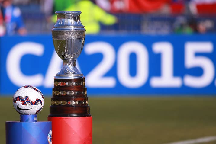 The Copa América trophy with the official match ball Cachaña prior to the 2015 Copa America Chile Final match at Nacional Stadium on July 4, 2015, in Santiago.