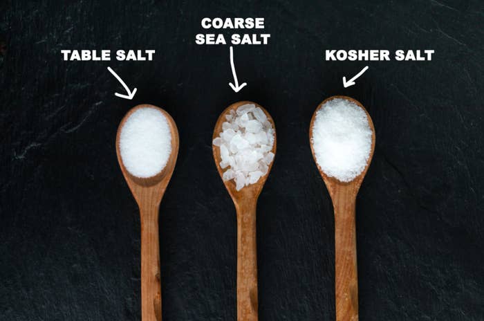 Table salt, coarse sea salt, and kosher salt laid out on three wooden spoons, to describe the differences between the three.