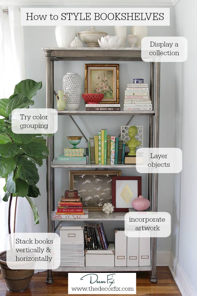A bookshelf with notes about color grouping, layering objects, and incorporating artwork.