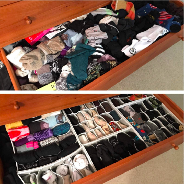 a before and after of a reviewer's messy sock and underwear drawer and then the drawer organized with the light gray organizers