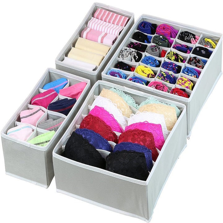 the four different shaped organizers holding socks, underwear, and bras