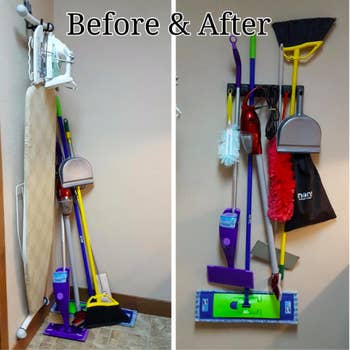 a before and after of the reviewers cleaning tools all leaning against a wall, then hanging from the rack