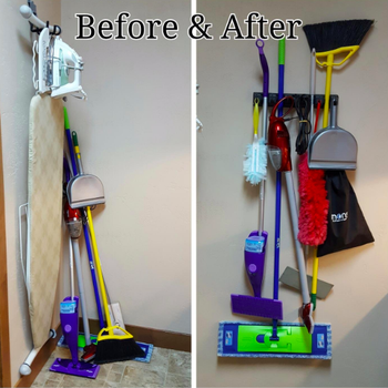 a before and after of the reviewers cleaning tools all leaning against a wall, then hanging from the rack