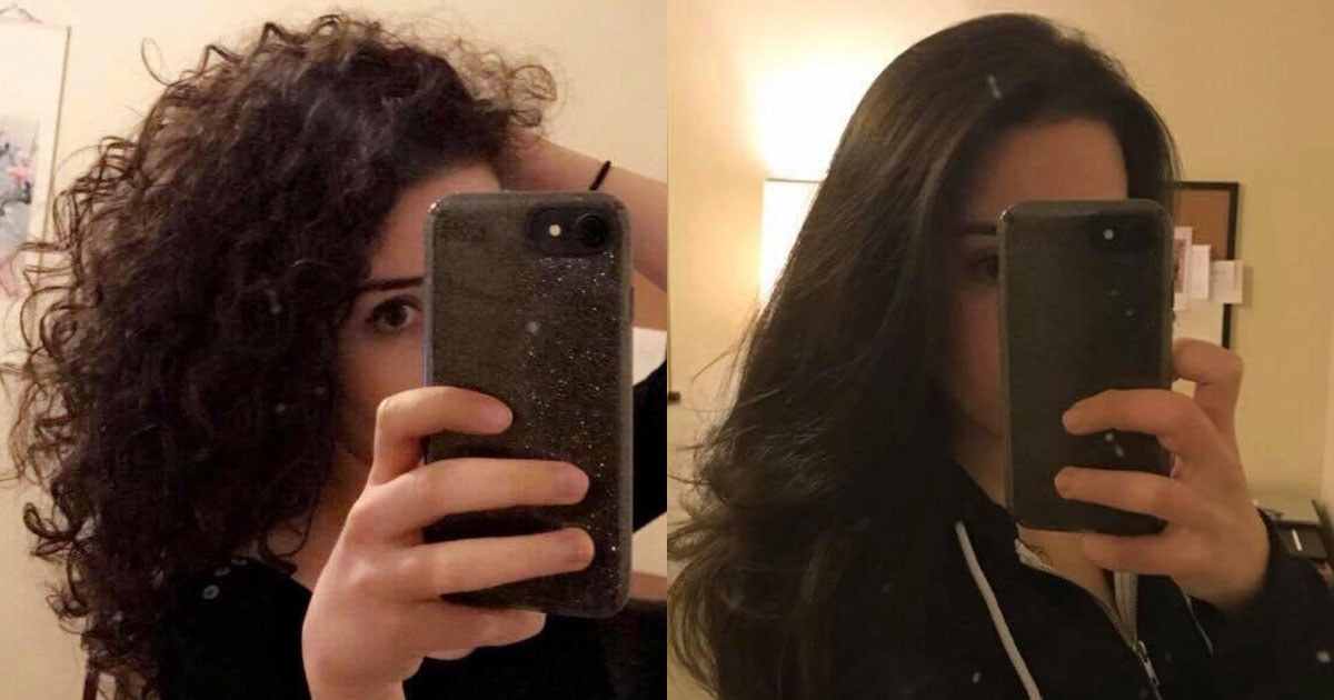 A reviewer&#x27;s before/after with curly hair on the left and blown out straight hair on the right