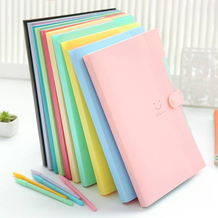 accordion folders in pastel colors and a smiley face on the front 