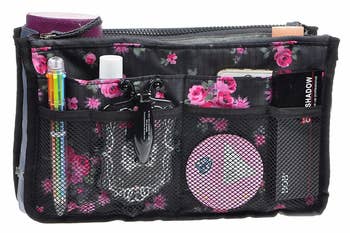 black and pink floral multi pocket bag organizer