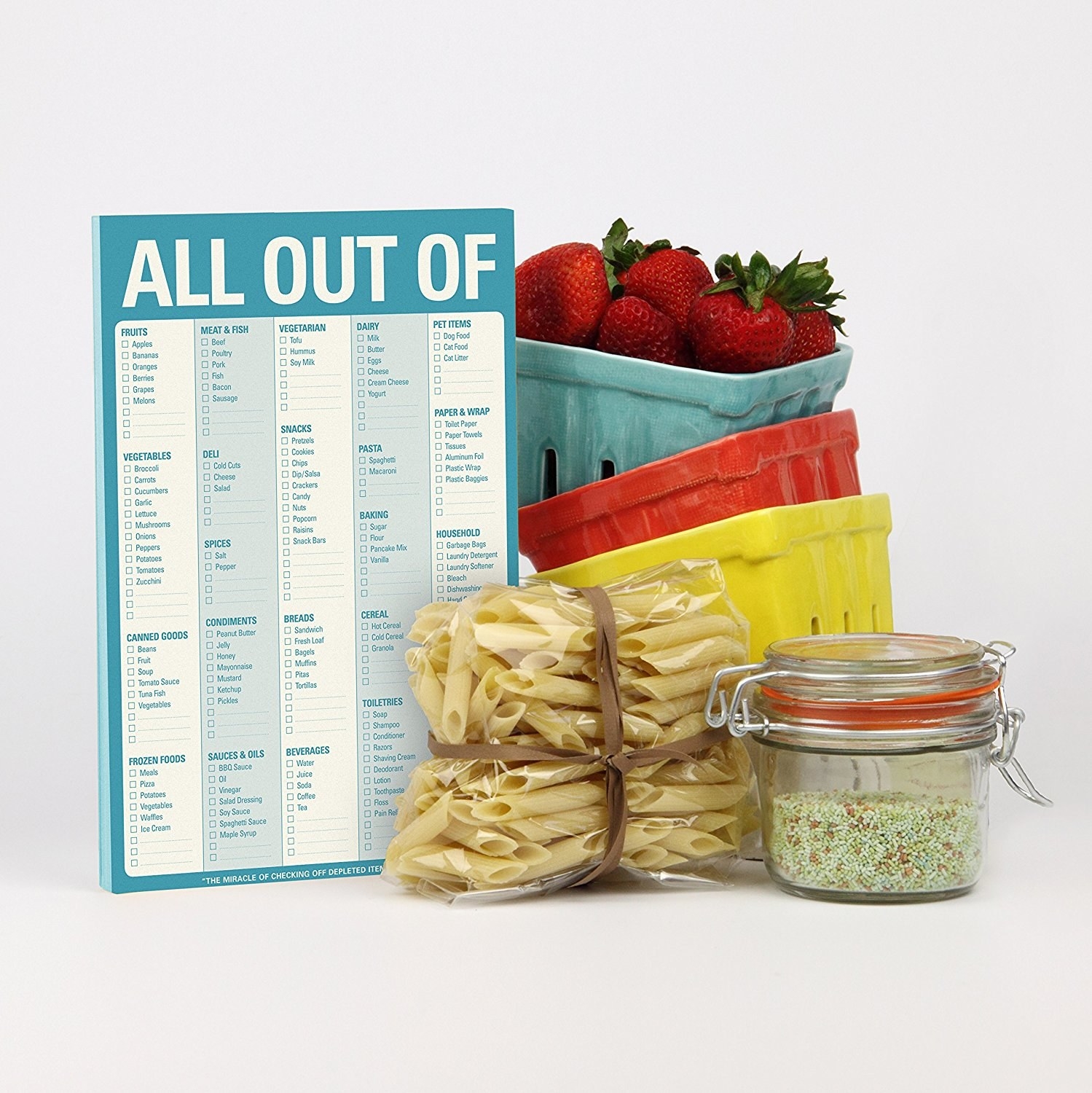 pad that says &quot;all out of&quot; with long checklist of food 