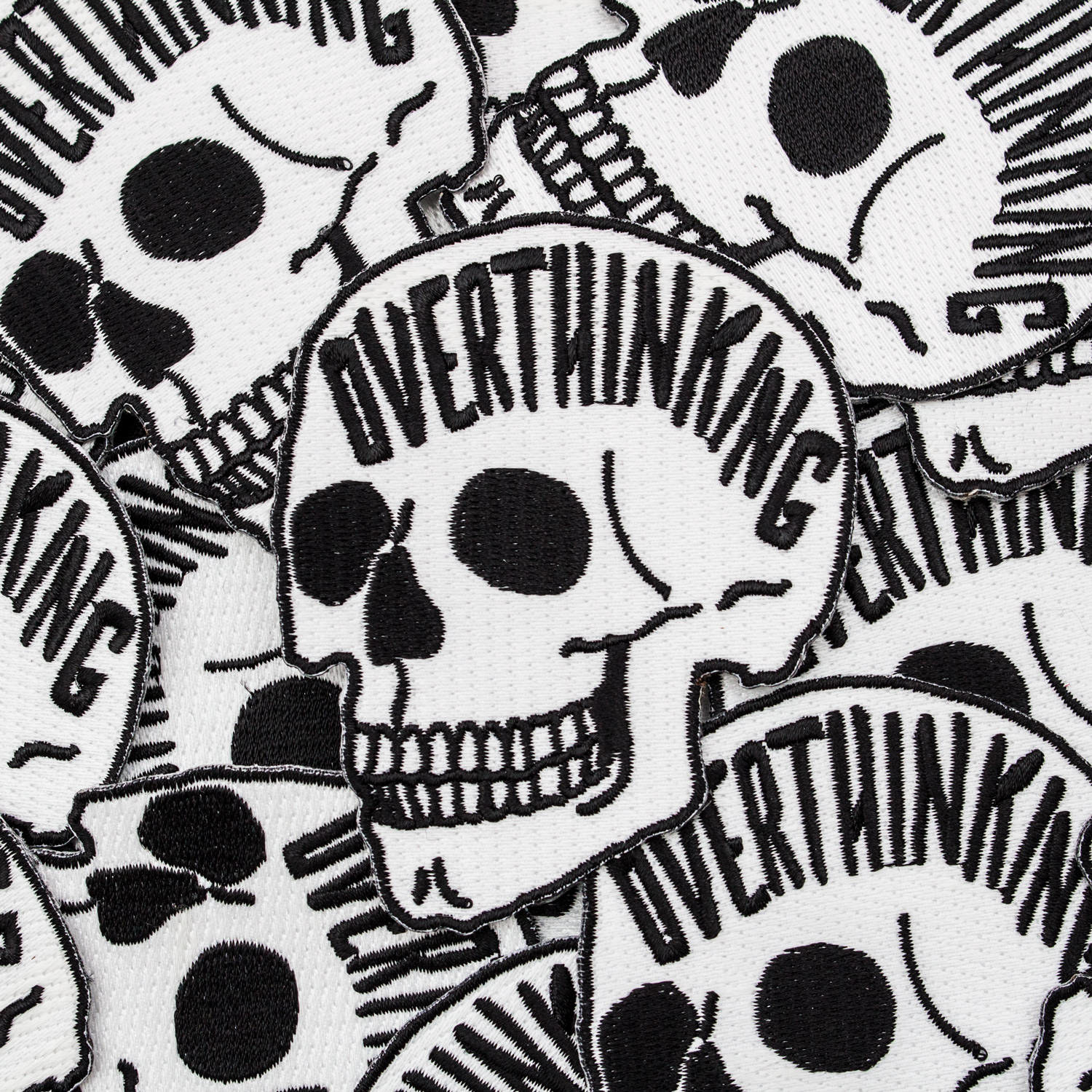 skull patch that says &quot;overthinking&quot; 