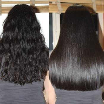 A reviewer before/after of wavy hair and super-shiny straight hair