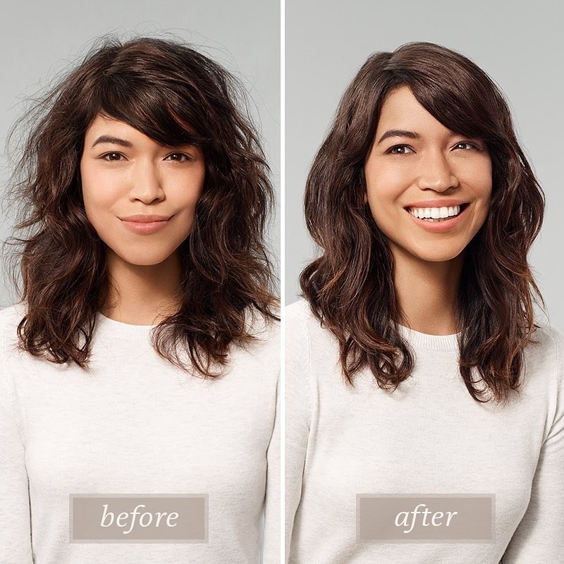 A model with frizzy hair before use, and smooth shiny hair after use