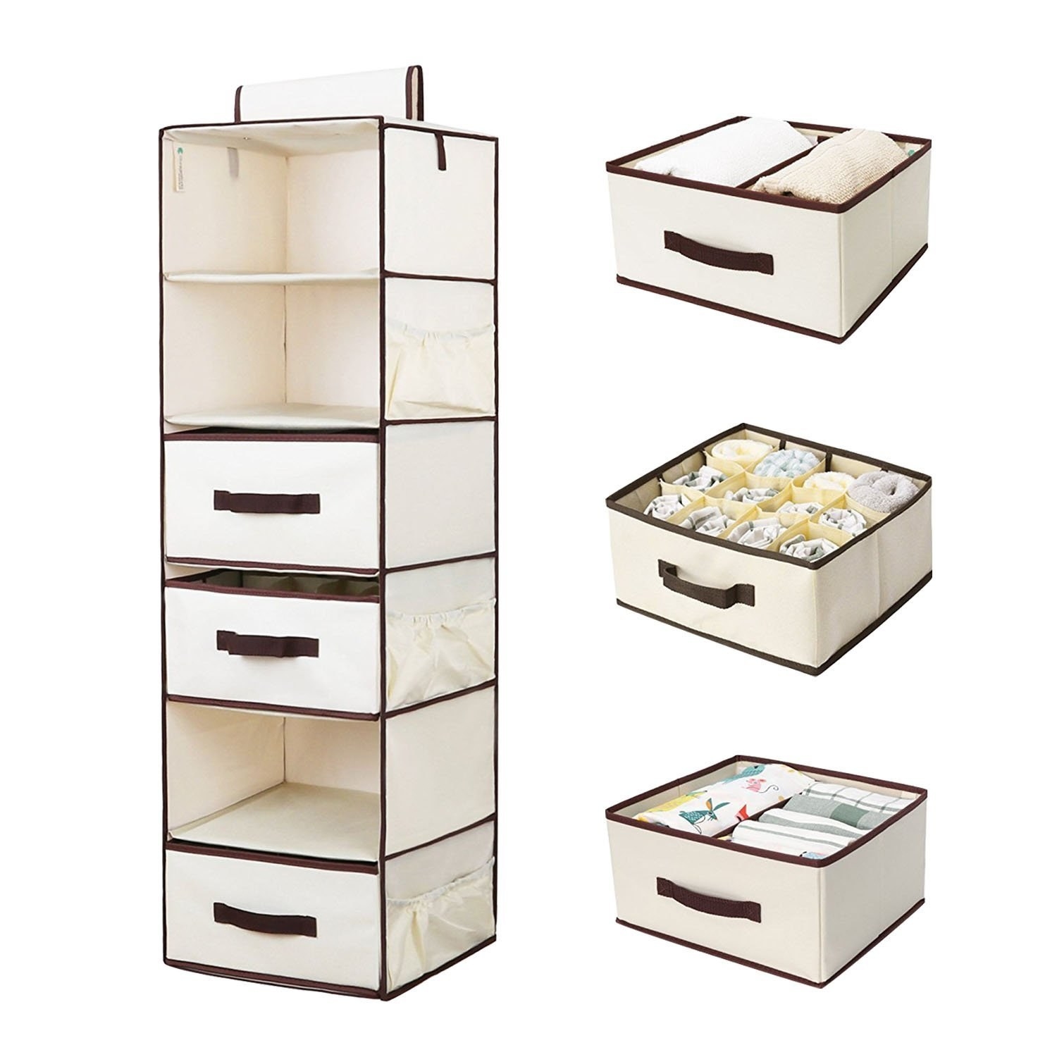 off white and brown hanging organizer with removable storage bins