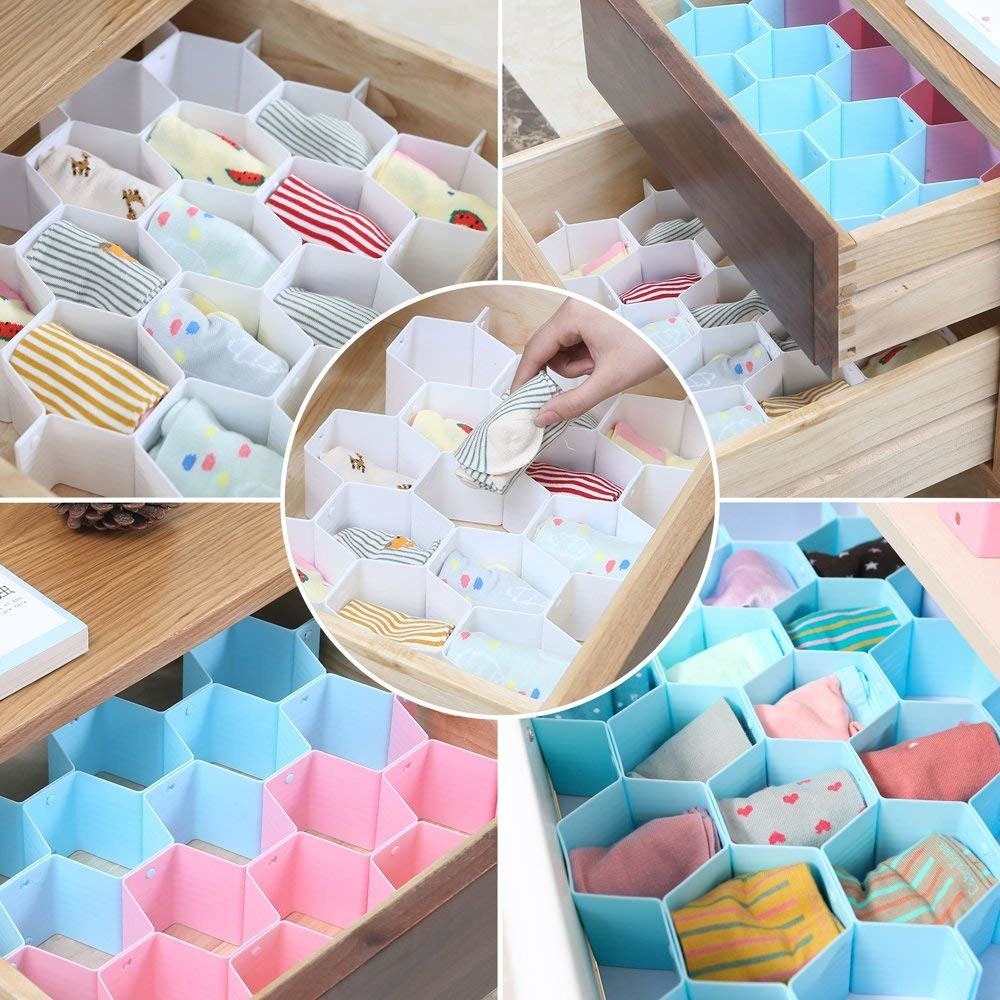 honeycomb-shaped organizers inside drawers for organizing things like socks and underwear