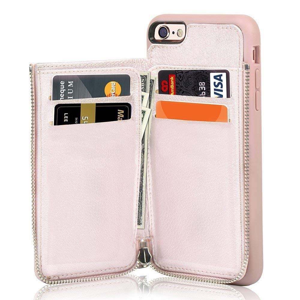 Get it from Amazon for $15.99 (available in three colors). The same case is also available for iPhone 6 and iPhone 7/8 Plus.Promising review: "I love love love this phone wallet case. I bought the rose gold color and it matches my phone perfectly. The phone is secure in the case and the wallet holds credit cards and money and is very easy to zip and unzip. I take it everywhere with me and leave my heavy purse in the car! It could even hold your license. The leather is sturdy and keeps its shape. I recommend this item highly and it's worth the money." —Dottie Geck