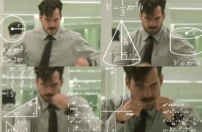 screenshots of henry cavill growing his beard with math equations appearing around him
