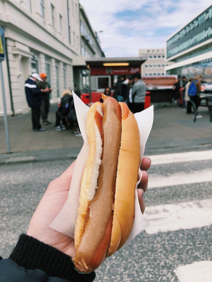 Icelandic hot dogs are made mostly from lamb meat, and they're sold everywhere from convenience stores to gas stations. And Bæjarins Beztu, a little stand in downtown Reykjavik, serves a really great one. Order it with everything: raw onions, fried onions, ketchup, sweet brown mustard, and a mayonnaise that's made with spicy pickles and capers.