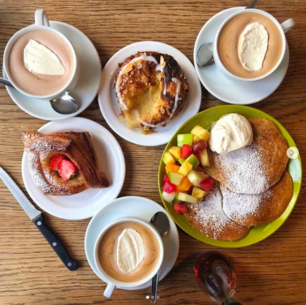 Order a pistachio palmier and a cappuccino to go, or sit down in the cafe for a breakfast of pecan bacon pancakes or sunny side up eggs with gravlax.