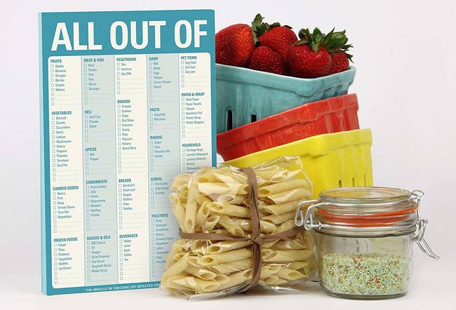 The blue notepad with checkboxes of popular groceries, and blank spots to fill in your own