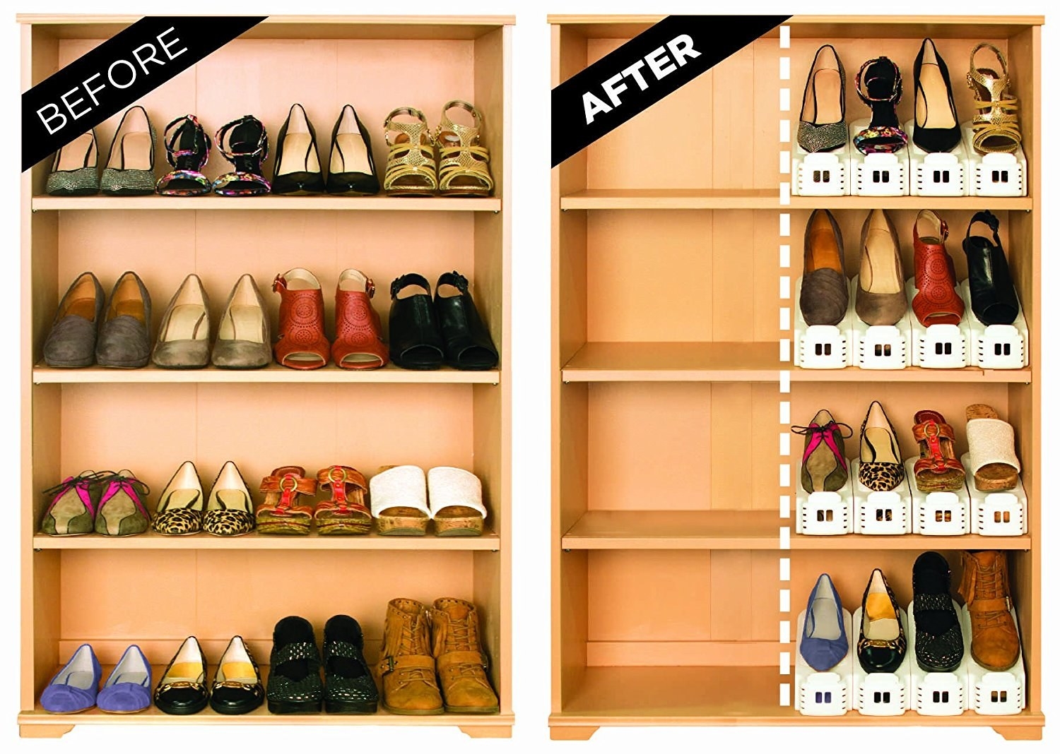 A before/after of shoes lined up on shelves in pairs, and then the same shelves, but only half the space is taken up by shoes, since they&#x27;re using the white shoe slotz to stack one shoe on the other