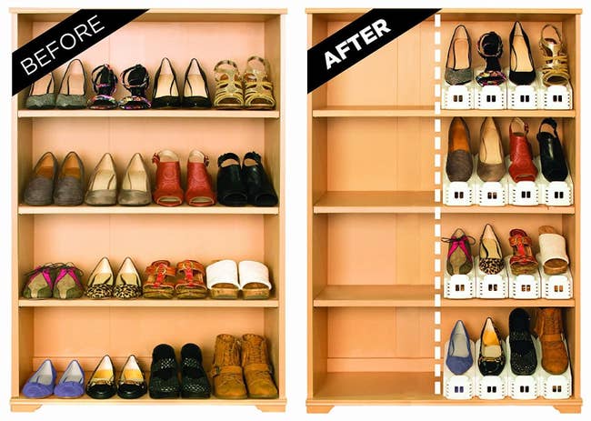 A before/after of shoes lined up on shelves in pairs, and then the same shelves, but only half the space is taken up by shoes, since they're using the white shoe slotz to stack one shoe on the other