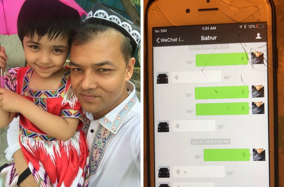 左：タヒル・イミンと愛娘。右：タヒルが、国家安全部の諜報員とWeChatで交わしたメッセージ。