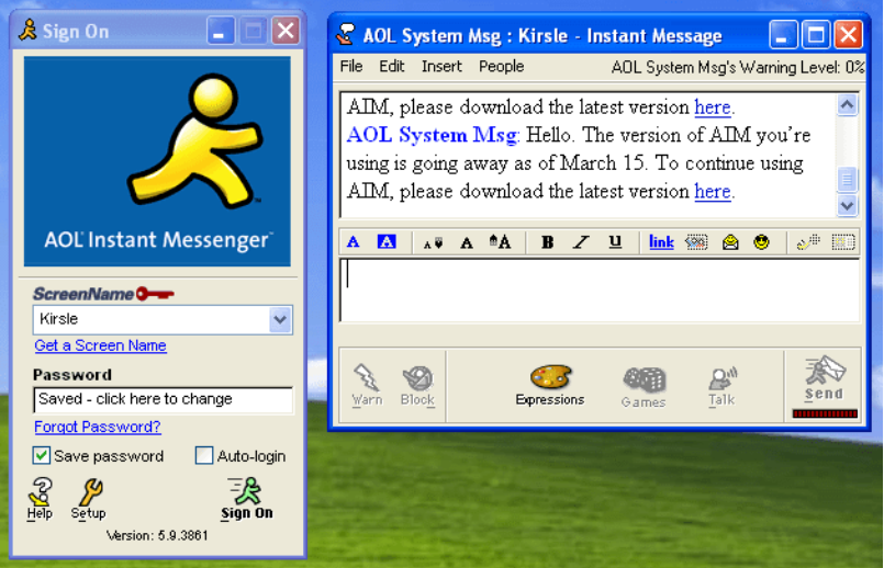 An AIM conversation opened up on Windows XP. 