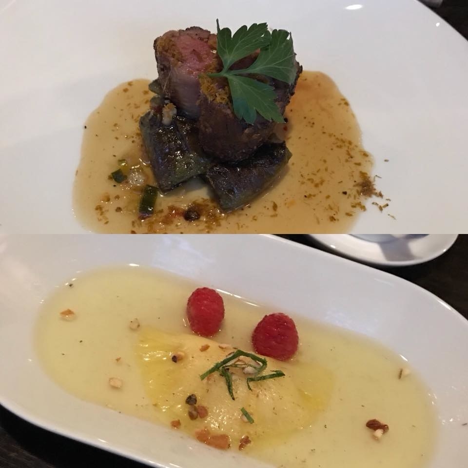 The final savory dish was Pan Seared Rack of Lamb in Vietnamese spice, served on top of braised eggplant and scallion oil. For dessert, guests enjoyed Pineapple Ravioli filled with sweet Durian custard, and topped with fresh mint, walnuts, and raspberries.
