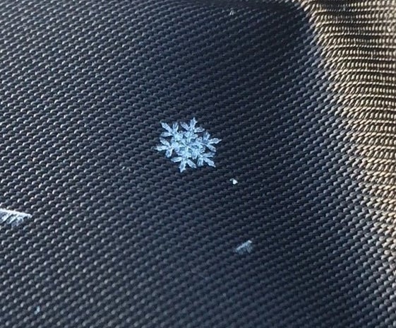 A perfectly symmetrical snowflake that has 6 arms and forms pretty, angular shapes