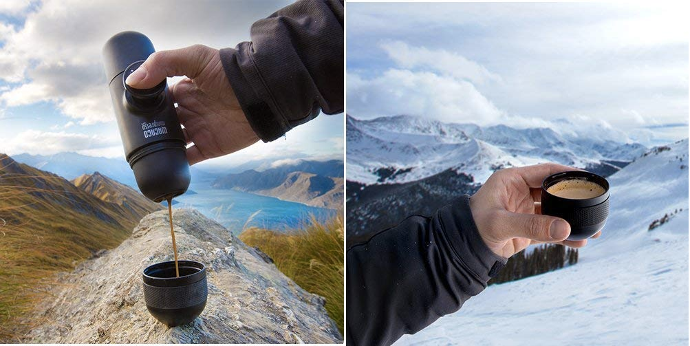 reviewer using the espresso maker while on a mountain