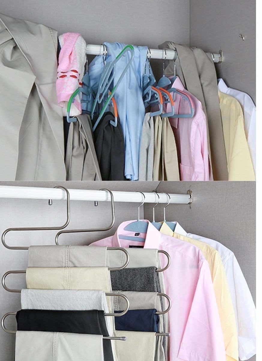 Before-and-after picture of disorganized closet and then clean-looking closet