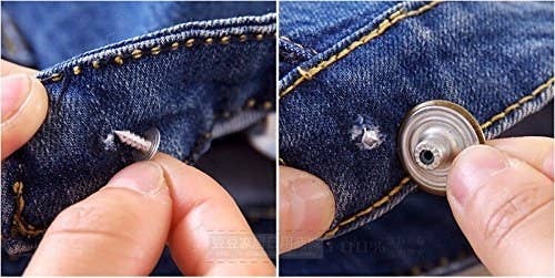 model putting new jean button on pants