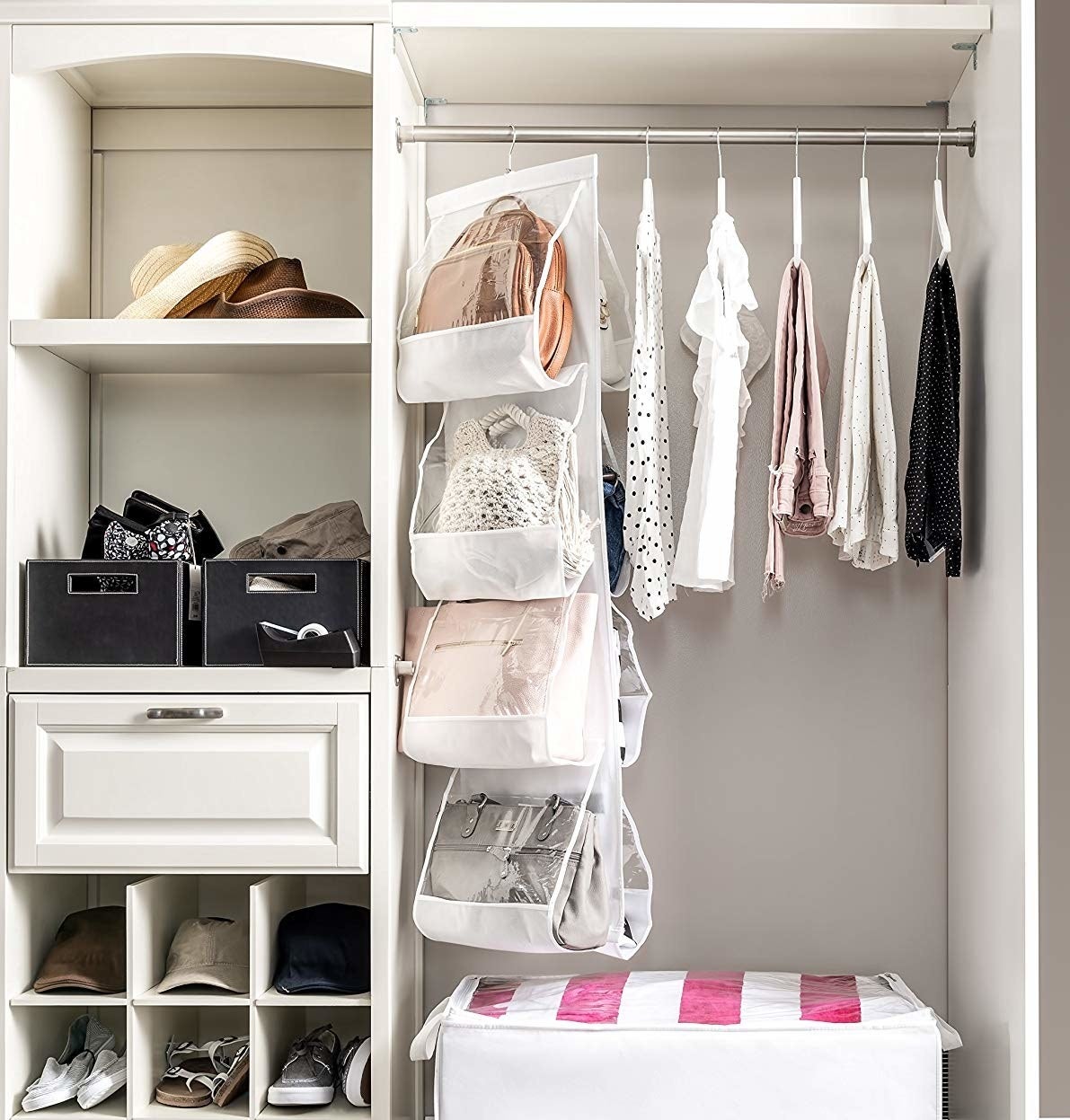 The ZOBER Hanging Purse Organizer in white.