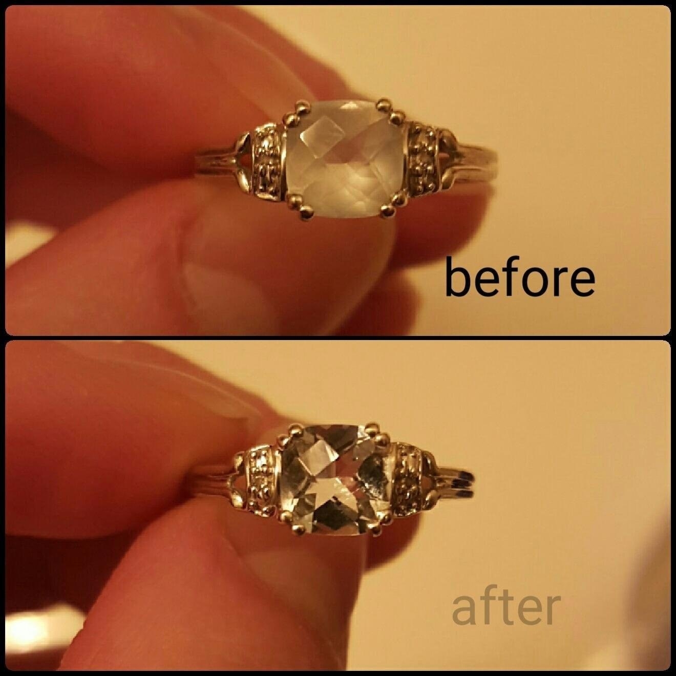 Reviewer photo of before and after using the jewelry cleaner on diamond ring