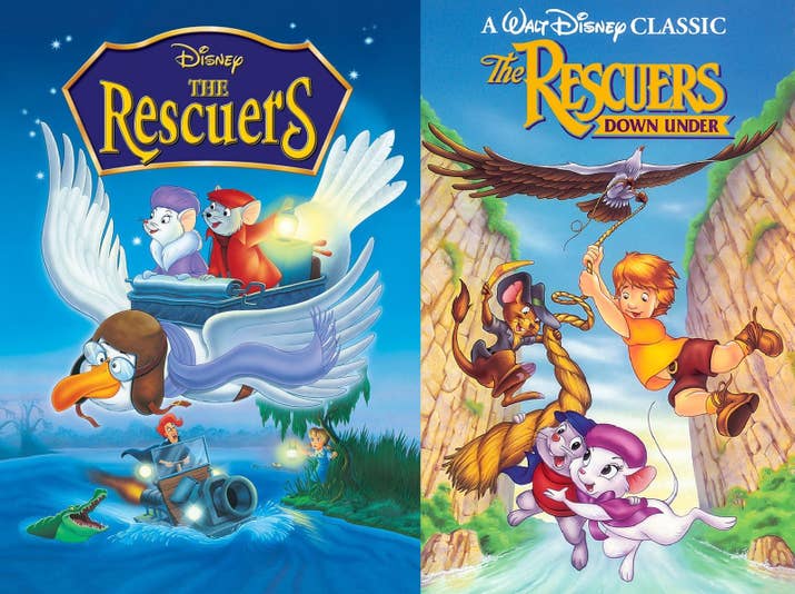 In the first one, The Rescue Aid Society saved a kidnaped little girl. In the second one, the R.A.S. saved a little boy and a rare eagle from a poacher. But don't worry, they're cute mice so it's for kids!