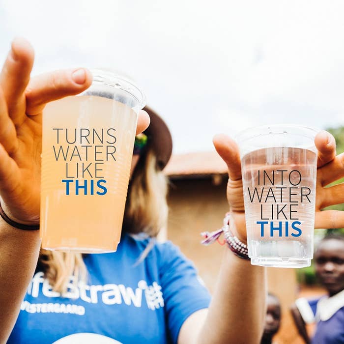 graphic with two glasses of water that says &quot;turns water like this&quot; over brown water and &quot;into water like this&quot; over clear water