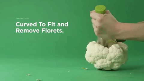 gif of hands using the tool to cut a head a cauliflower super easily