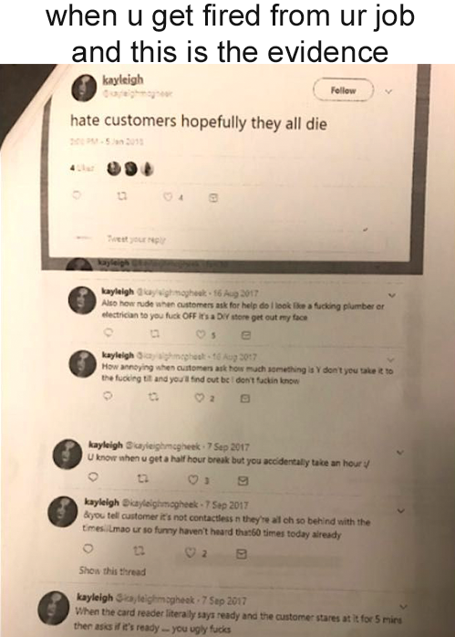 A boss prints out worker&#x27;s tweets, one saying, &quot;hate customers hope they all die&quot;